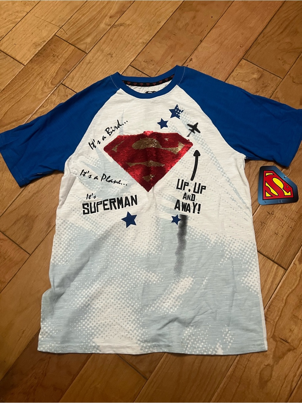 Superman Boys Raglan Tee with Shiny Logo - White & Royal Blue